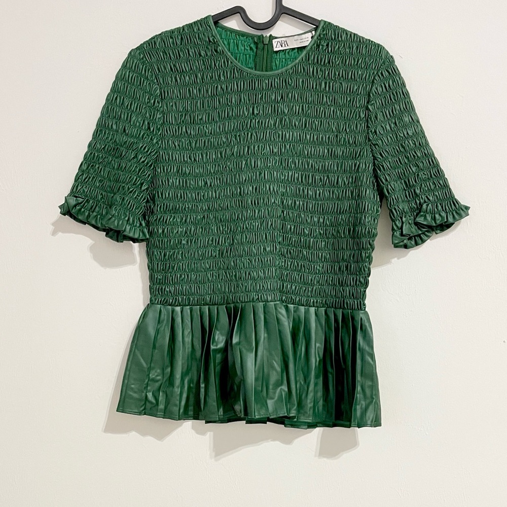 NWT! ZARA Green Smocked Peplum Short Sleeve Top!